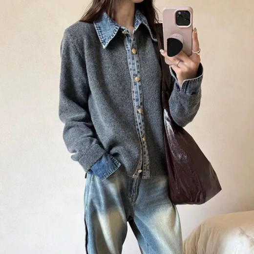 【牛仔衬衫领拼接假两件套】春秋新款 韩系chic高级感针织毛衣外套 商品图2