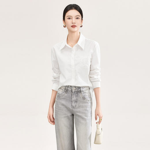 「高货wl」全新升级【铂金会员247/天猫329/差价82】(02135)洛诗琳竹节棉气质通勤白衬衫2026春季新款蕾丝口袋翻领上衣 商品图0