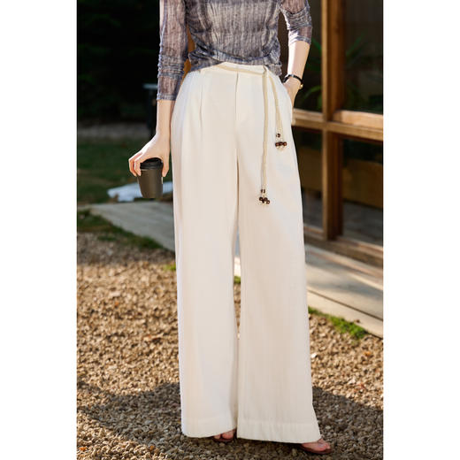 【藏青色预售10天】米思阳2026春新款老钱风松弛感仿亚麻时尚百搭绳结高腰阔腿裤休闲裤长款裤子女6073 商品图10