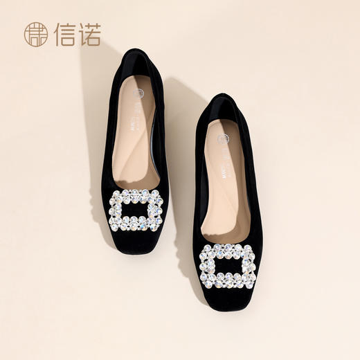 通勤风水钻方扣粗跟单鞋女黑色绒面浅口高跟鞋不累脚X6C159-08 商品图1