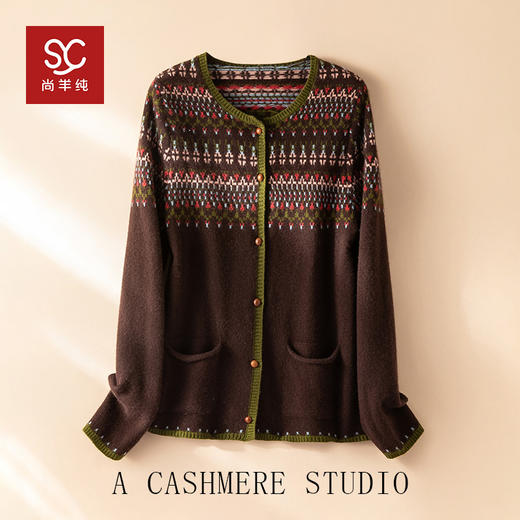 100%Baby小山羊绒~咖色费尔岛提花圆领羊绒开衫BABY250283 商品图0