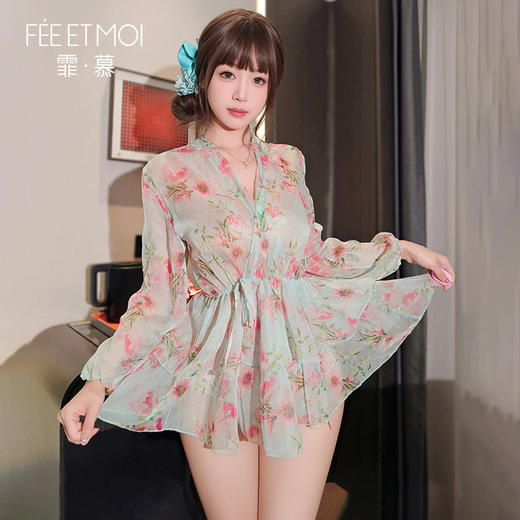 【情趣内衣】霏慕 茶歇法式V领系带印花裙7871 商品图1