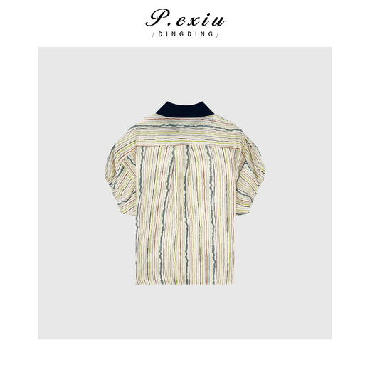 04-1潘依绣丁丁宠粉PanYiXiu/潘依绣100%苎麻小飞袖竖条纹拼接领短袖衬衫 W-62140 商品图2