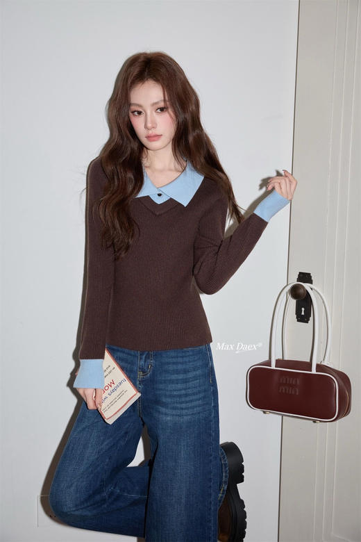 假两件海盐巧克力拼色羊毛混纺针织打底 商品图4