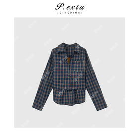 04-6潘依绣丁丁宠粉韩系简约撞色格子长袖衬衫Q1651