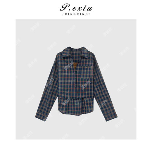 04-6潘依绣丁丁宠粉韩系简约撞色格子长袖衬衫Q1651 商品图0