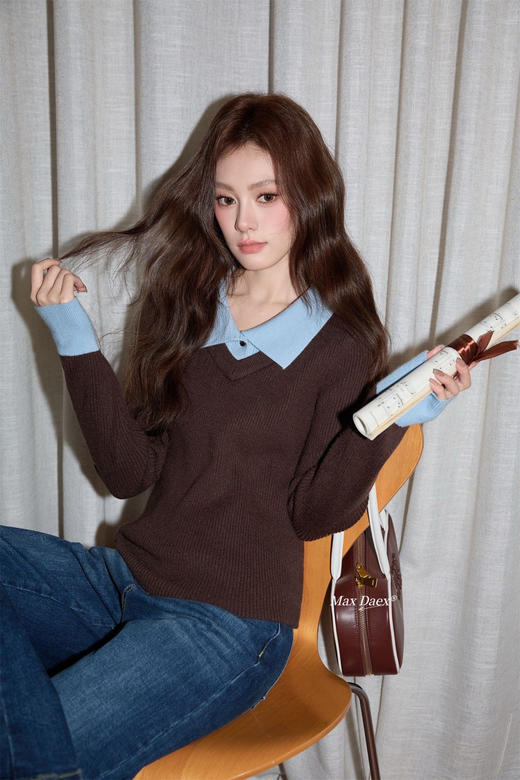 假两件海盐巧克力拼色羊毛混纺针织打底 商品图1