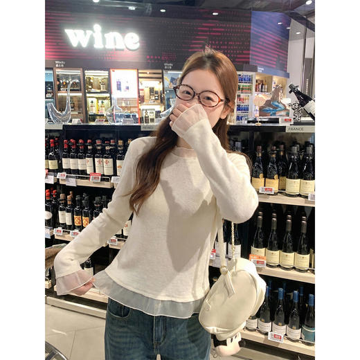 <曾小咸推荐>韩系拼接蕾丝圆领长袖t恤女 商品图2