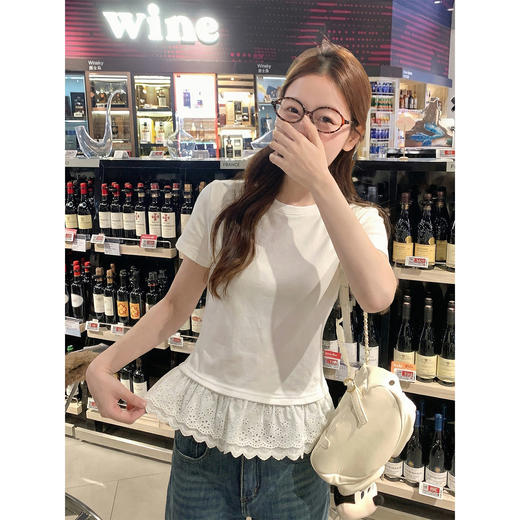 <曾小咸推荐>韩系蕾丝边白色短袖t恤上衣 商品图1