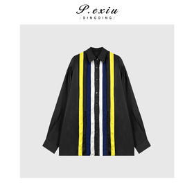 04-6潘依绣丁丁宠粉复古撞色吸睛竖条纹立领长袖衬衫Q88590