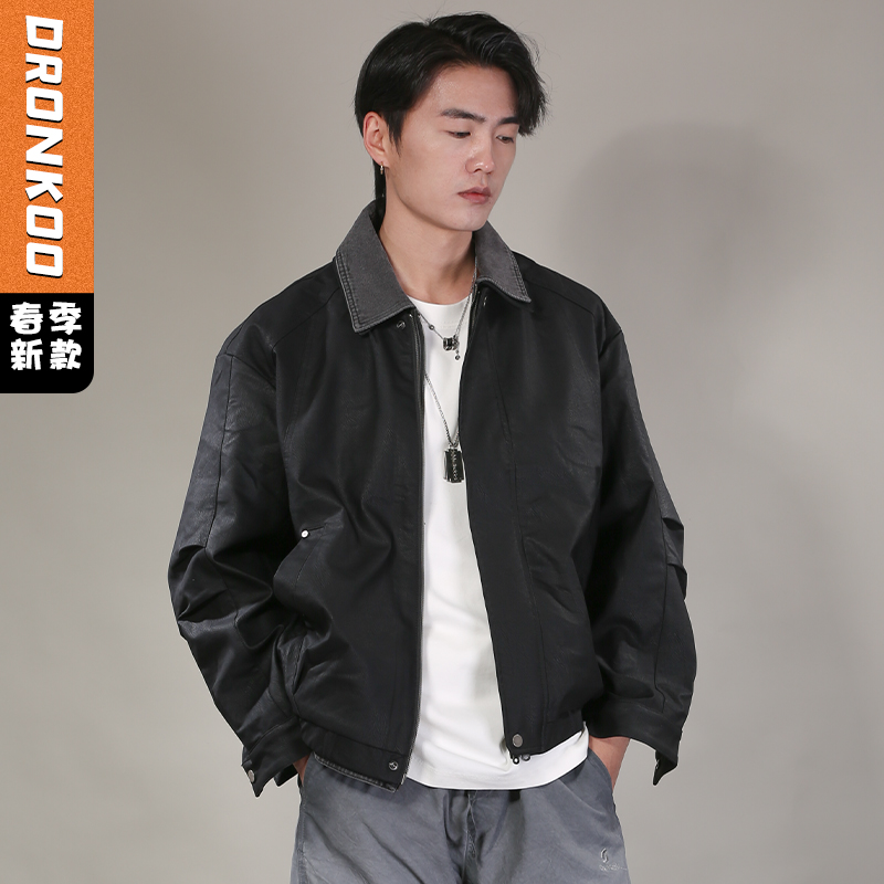 DRONKOO 2026  翻领拼接牛仔领假两件中厚皮衣