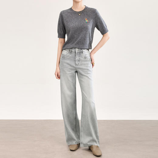 「高货wl」全新升级【铂金会员275/天猫369/差价94】(02429)洛诗琳法式高腰烫钻磨白牛仔裤2026春季新款百搭显瘦阔腿直筒裤 商品图0