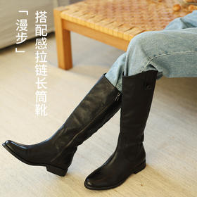 绽放LSX011朵漫步·马皮长靴女秋冬帅气圆尖头真皮长筒靴通勤百搭