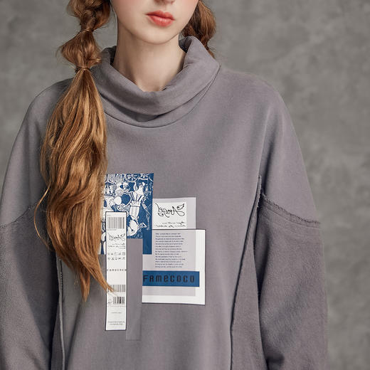 Famecoco范可儿高领纯棉卫衣春季潮流时尚拼贴印花中长款长袖卫衣女F195BE008 商品图5