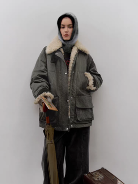 半圆/D5621730/巴恩风宽松休闲可拆卸毛领工装外套