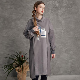 Famecoco范可儿高领纯棉卫衣春季潮流时尚拼贴印花中长款长袖卫衣女F195BE008