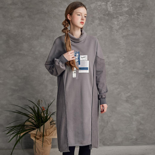 Famecoco范可儿高领纯棉卫衣春季潮流时尚拼贴印花中长款长袖卫衣女F195BE008 商品图0