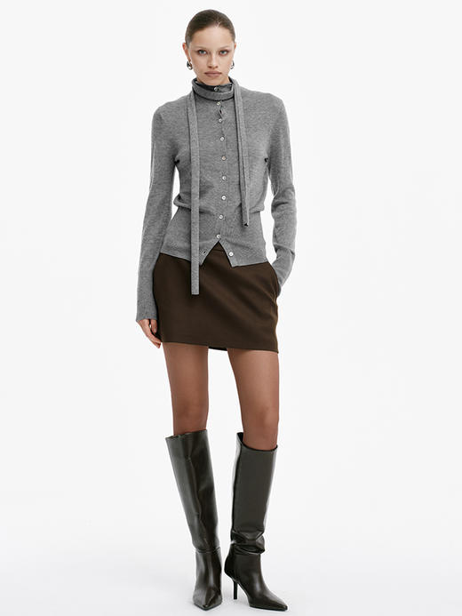 TR她热 学院档案 灰色针织围巾小高领基础复古百搭修身开衫上衣 商品图0