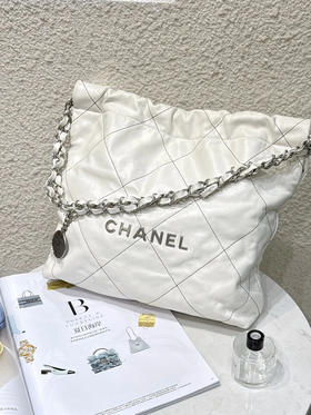 Chanel 22bag 中号 白银 油蜡牛 黑缝线 单肩包