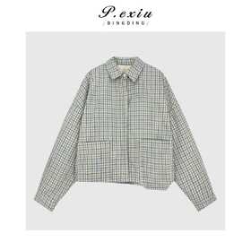 04-6潘依绣丁丁宠粉韩系减龄撞色格纹休闲长袖翻领衬衫Q15424