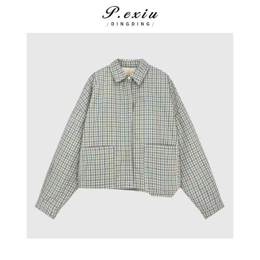 04-6潘依绣丁丁宠粉韩系减龄撞色格纹休闲长袖翻领衬衫Q15424 商品图0