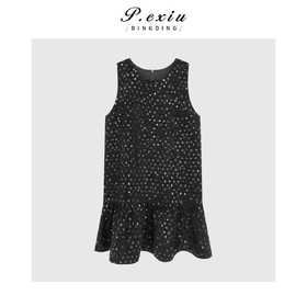 羊毛法式气质小香风亮片圆领无袖连衣裙H2588