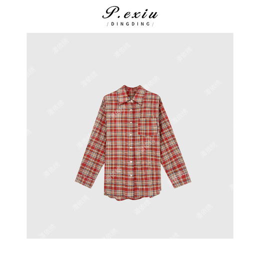 04-2潘依绣丁丁宠粉氛围感穿搭撞色格纹休闲长袖衬衫 Q6917 商品图0