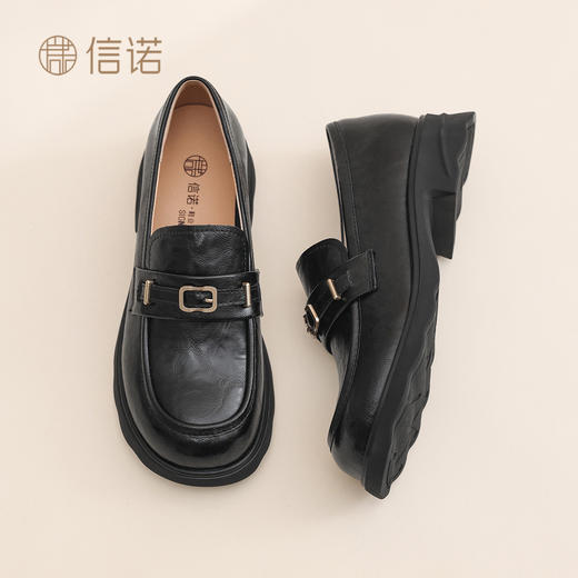英伦风黑色乐福鞋女粗跟金属扣一脚蹬百搭单鞋X6C092-49 商品图0