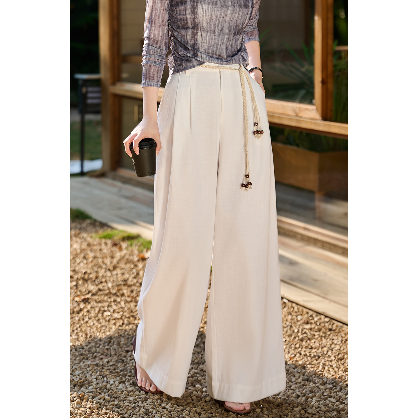 【藏青色预售7天】米思阳2026春新款老钱风松弛感仿亚麻时尚百搭绳结高腰阔腿裤休闲裤长款裤子女6073