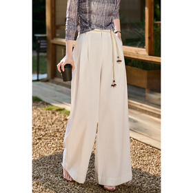 【藏青色预售10天】米思阳2026春新款老钱风松弛感仿亚麻时尚百搭绳结高腰阔腿裤休闲裤长款裤子女6073