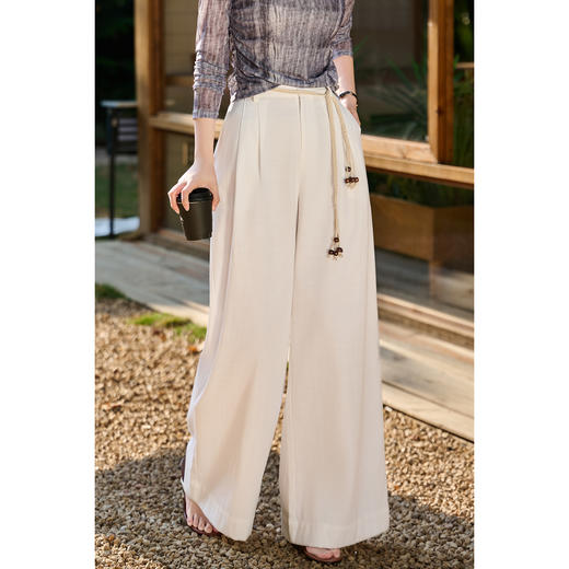 【藏青色预售10天】米思阳2026春新款老钱风松弛感仿亚麻时尚百搭绳结高腰阔腿裤休闲裤长款裤子女6073 商品图0