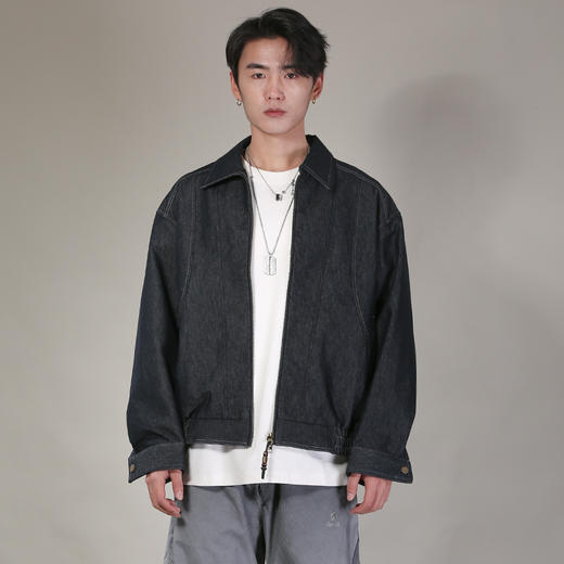 DRONKOO 2026 翻领拉链钉珠装饰明线普洗牛仔中厚夹克 商品图2