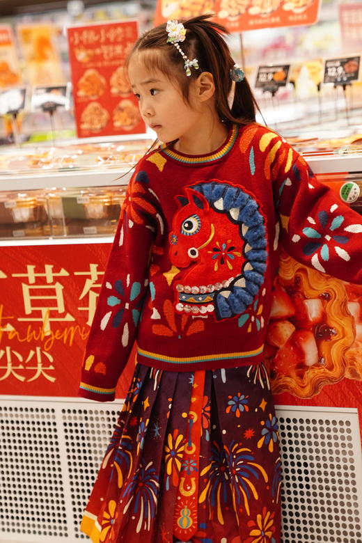 春节不打烊-新春拜年服-童装儿童毛衣亲子装冬新品男女童针织盛世乐马毛衣NY602100年衣 商品图2