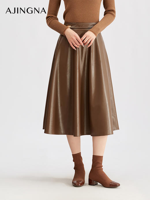 【商场同款】阿菁娜冬季新款复古感A字伞摆半身裙高腰设计金属扣点缀简约不失精致A29D113011 商品图3