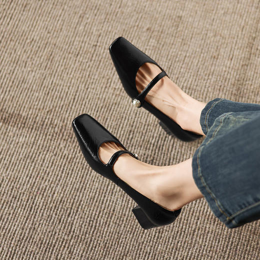 阿么手工女鞋春季新款珍珠一字带浅口单鞋女款4.2CM软底玛丽珍鞋 商品图2