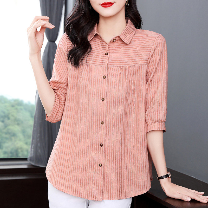 条纹七分袖衬衫女夏季新款大码宽松休闲减龄衬衣中袖条纹上衣中长