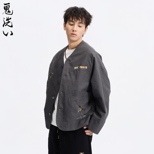 ONIARAI/鬼洗26春季泥棒蓝葫芦金鱼同色刺绣复古V领外套男N340253 商品图1