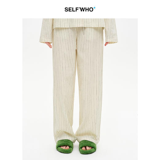 SELFWHO亚麻棉混纺浅卡其色条纹睡裤直筒裤女2026春季新款家居裤 商品图0