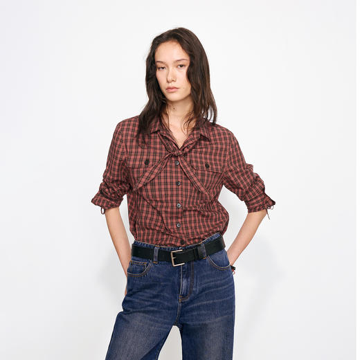 NUTH可拆卸领结复古工装格纹衬衫女 商品图3