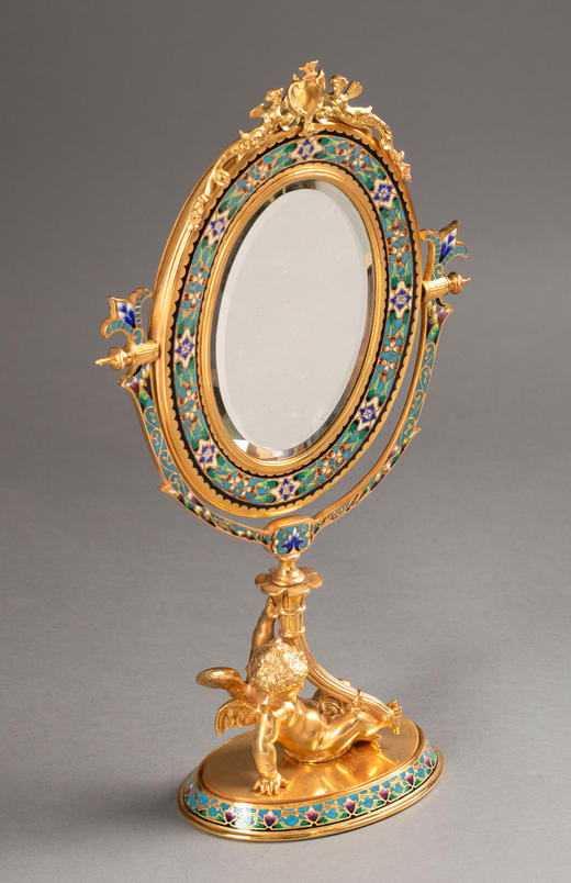 独角鹿西洋古董1850-1870年代法国拿破仑三世时期出品小天使造型铜鎏金精雕镶嵌花卉纹錾胎珐琅桌面立镜 商品图3