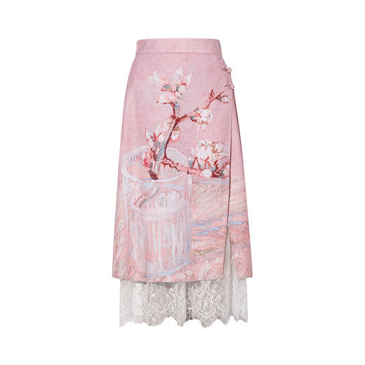 两三事梵高文艺樱雨初霁2026春新款新中式盘扣蕾丝拼接印花半身裙 商品图4