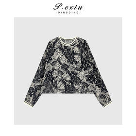 04-6潘依绣丁丁宠粉高级感撞色印花圆领长袖衬衫Q5981