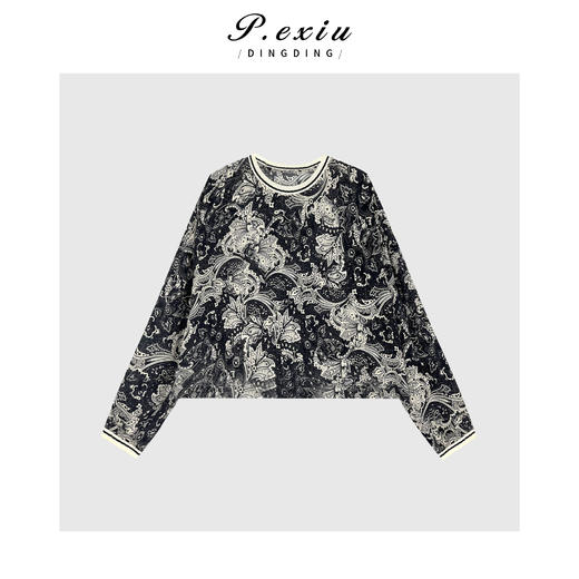 04-6潘依绣丁丁宠粉高级感撞色印花圆领长袖衬衫Q5981 商品图0