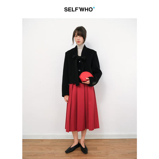 SELFWHO纯绵羊毛飘带领双面呢短外套女2025冬新款直身H型毛呢外套 商品图3