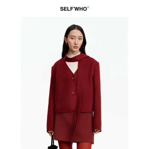 SELFWHO纯绵羊毛飘带领双面呢短外套女2025冬新款直身H型毛呢外套 商品图0