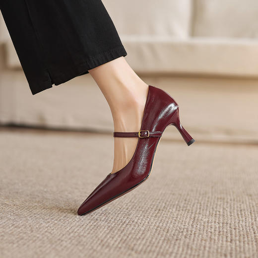 阿么手工女鞋法式气质一字带细跟高跟鞋尖头漆皮浅口单鞋女6.5CM 商品图4