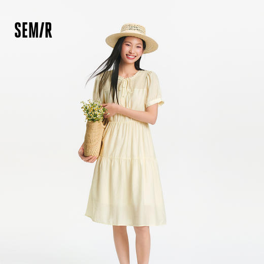 森马连衣裙女夏泡泡袖花边圆领肌理中长裙气质温柔优雅法式蛋糕裙 商品图1