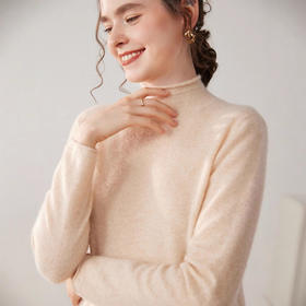 「自」全新升级【铂金会员330/天猫439/差价109】(12706)洛诗琳一线成衣卷边半高领羊绒衫2025冬季百搭宽松针织打底毛衣