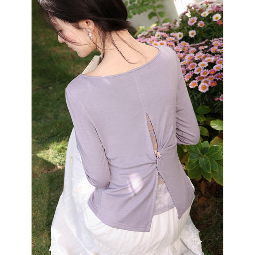 鹿向南「紫烟缠纱」灰紫色长袖T恤春季新款设计感时尚显瘦上衣女 商品图3