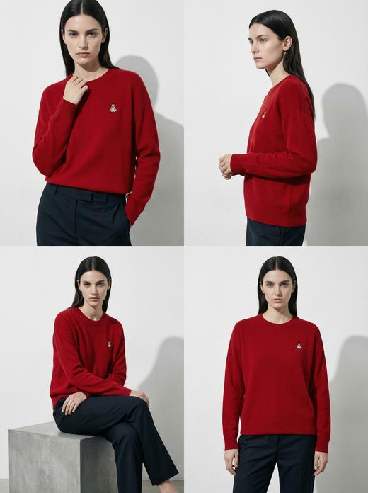 KINGDEER/KD秋冬新款女式圆领刺绣长袖羊绒衫L805554全部红色款鹿王 红色 商品图2